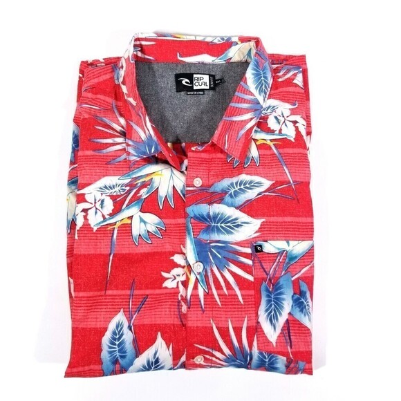 Ripcurl Red Hawaiian Print Short Sleeve Button Down Slim Fit Shirt Mens XXL 2X - Picture 2 of 6